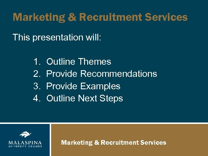 Marketing & Recruitment Services This presentation will: 1. Outline Themes 2. Provide Recommendations 3.