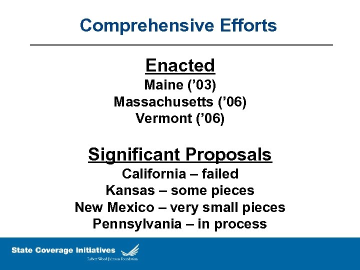 Comprehensive Efforts Enacted Maine (’ 03) Massachusetts (’ 06) Vermont (’ 06) Significant Proposals