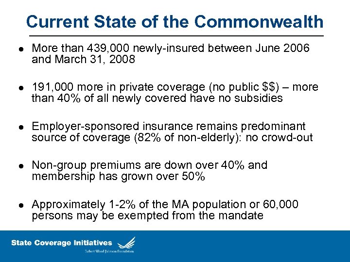 Current State of the Commonwealth l l l More than 439, 000 newly-insured between