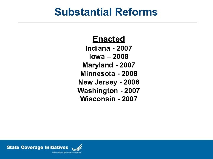 Substantial Reforms Enacted Indiana - 2007 Iowa – 2008 Maryland - 2007 Minnesota -