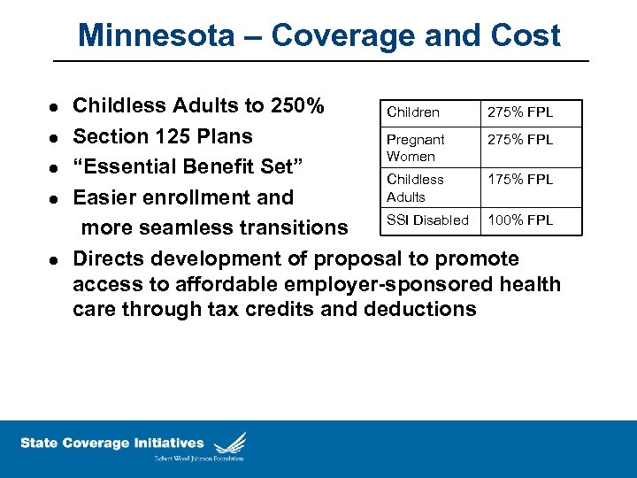 Minnesota – Coverage and Cost l l l Childless Adults to 250% Children 275%