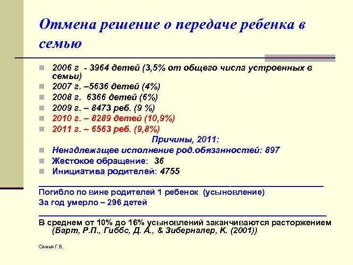 Отмена решение о передаче ребенка в семью n 2006 г - 3964 детей (3,