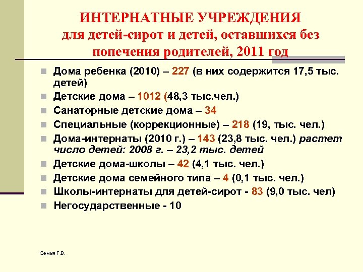 ИНТЕРНАТНЫЕ УЧРЕЖДЕНИЯ для детей-сирот и детей, оставшихся без попечения родителей, 2011 год n Дома