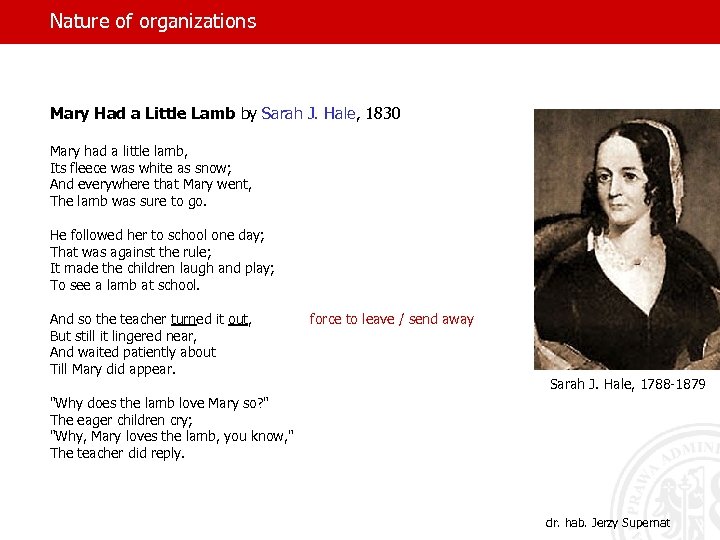 Nature of organizations Mary Had a Little Lamb by Sarah J. Hale, 1830 Mary