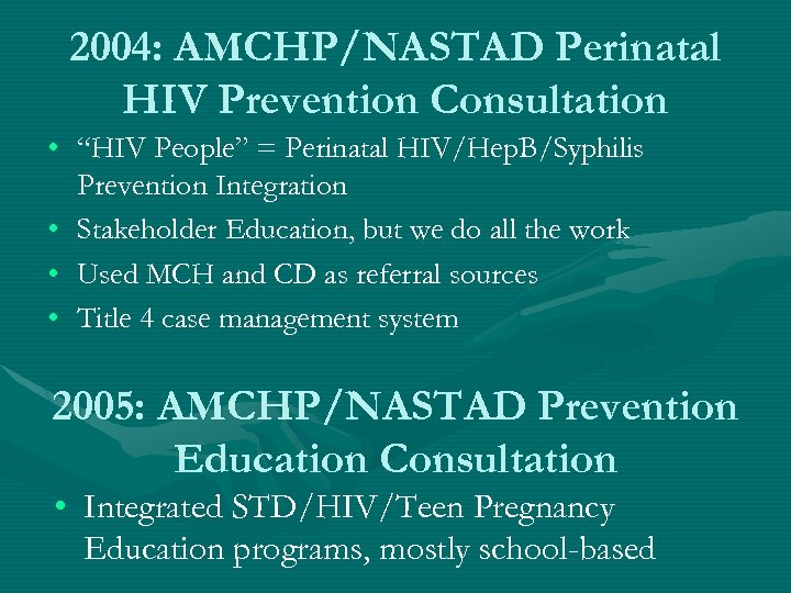 2004: AMCHP/NASTAD Perinatal HIV Prevention Consultation • “HIV People” = Perinatal HIV/Hep. B/Syphilis Prevention