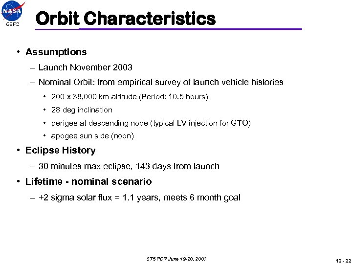 GSFC Orbit Characteristics • Assumptions – Launch November 2003 – Nominal Orbit: from empirical