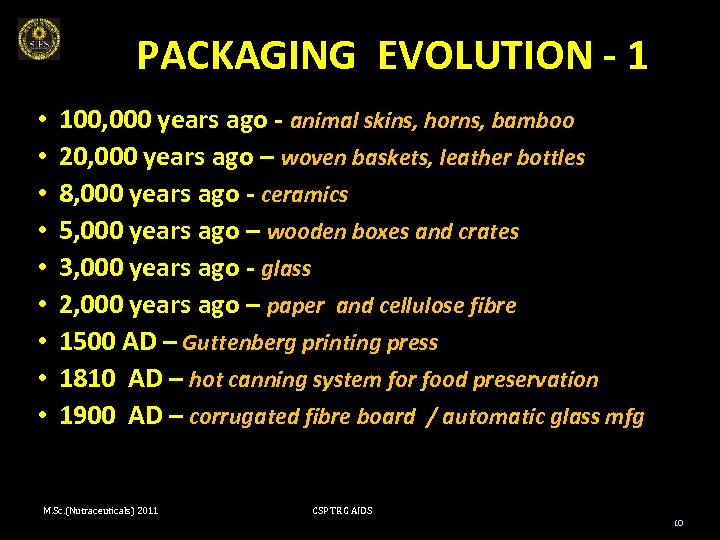 PACKAGING EVOLUTION - 1 • • • 100, 000 years ago - animal skins,