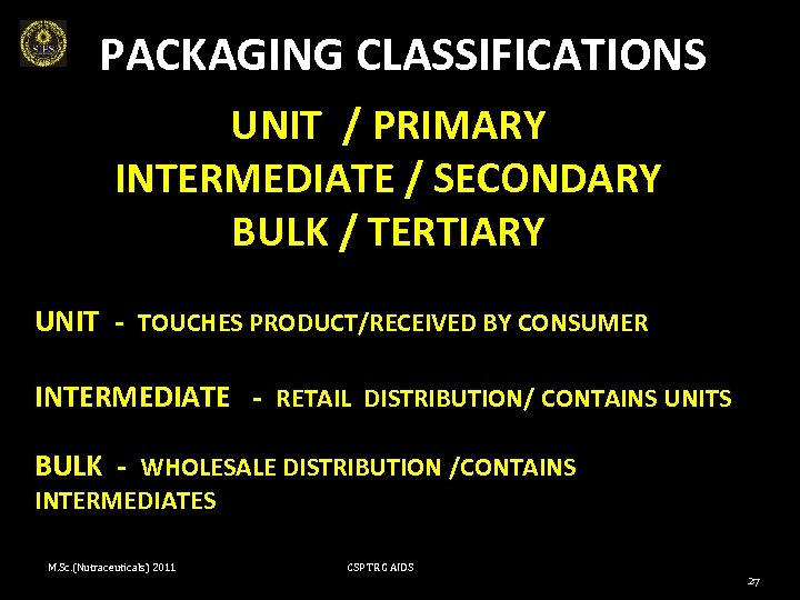 PACKAGING CLASSIFICATIONS UNIT / PRIMARY INTERMEDIATE / SECONDARY BULK / TERTIARY UNIT - TOUCHES