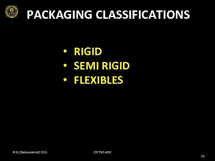 PACKAGING CLASSIFICATIONS • RIGID • SEMI RIGID • FLEXIBLES M. Sc. (Nutraceuticals) 2011 CSP