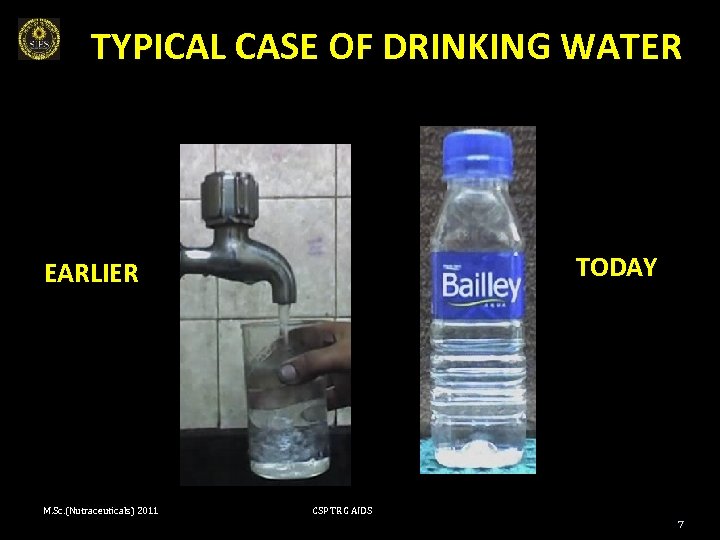 TYPICAL CASE OF DRINKING WATER TODAY EARLIER M. Sc. (Nutraceuticals) 2011 CSP TRG AIDS