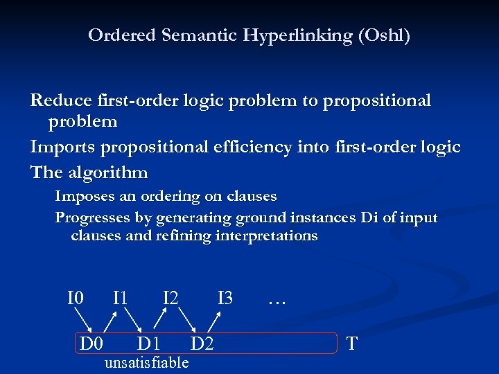 Ordered Semantic Hyperlinking (Oshl) Reduce first-order logic problem to propositional problem Imports propositional efficiency
