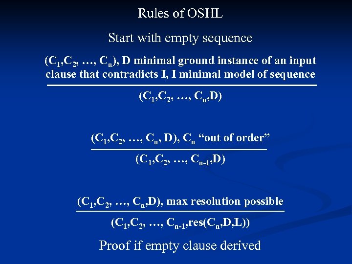 Rules of OSHL Start with empty sequence (C 1, C 2, …, Cn), D