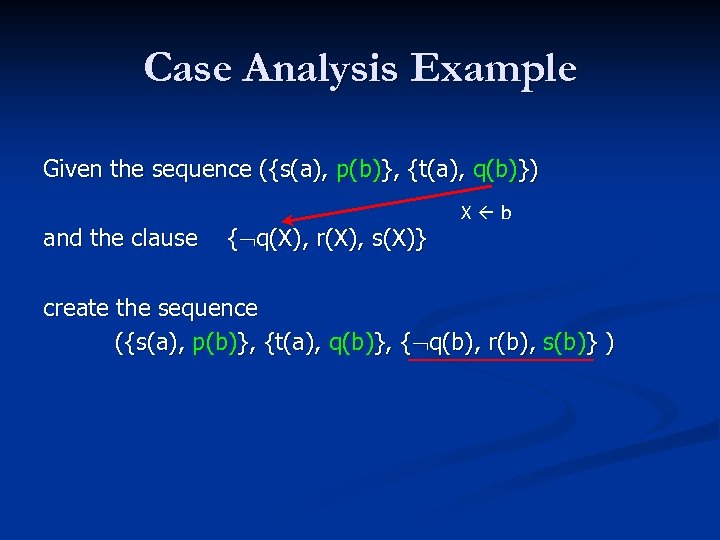 Case Analysis Example Given the sequence ({s(a), p(b)}, {t(a), q(b)}) and the clause {