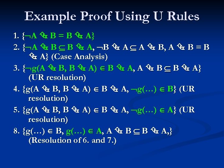 Example Proof Using U Rules 1. { A B = B A} 2. {
