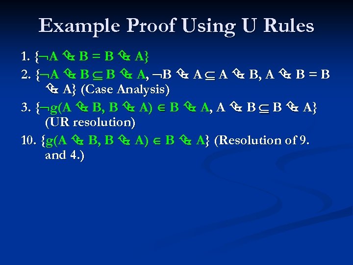 Example Proof Using U Rules 1. { A B = B A} 2. {