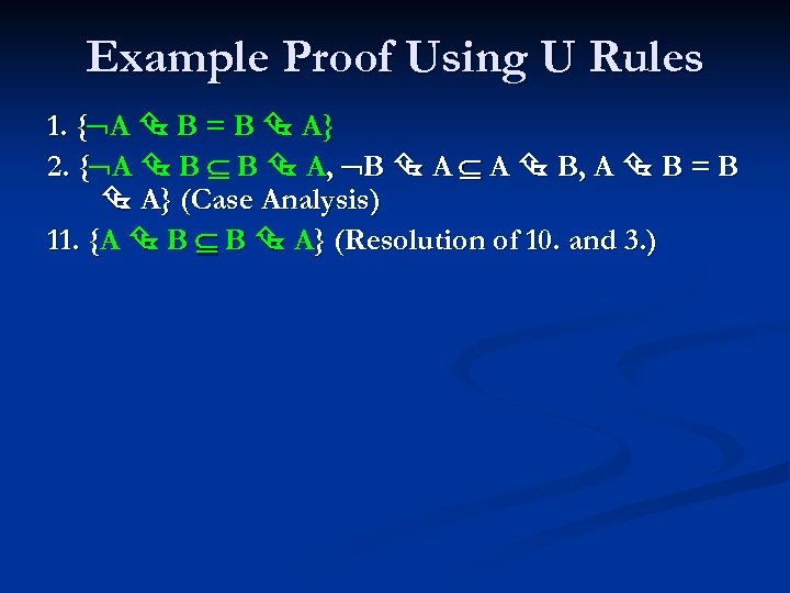 Example Proof Using U Rules 1. { A B = B A} 2. {