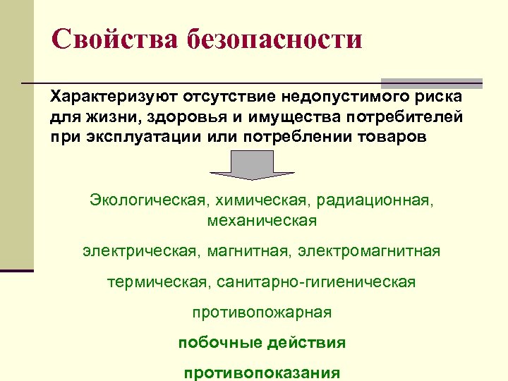 Свойства безопасности Характеризуют отсутствие недопустимого риска для жизни, здоровья и имущества потребителей при эксплуатации