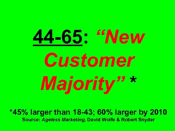 44 -65: “New Customer Majority” * *45% larger than 18 -43; 60% larger by