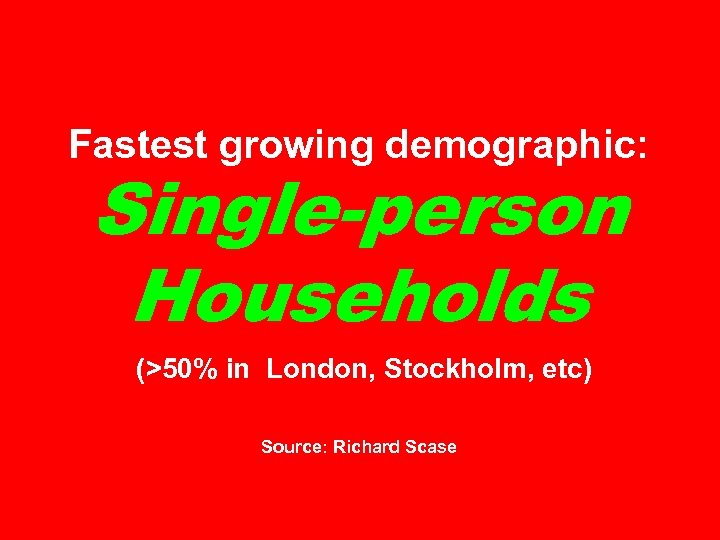 Fastest growing demographic: Single-person Households (>50% in London, Stockholm, etc) Source: Richard Scase 