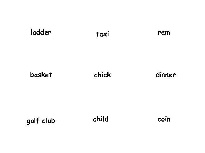 ladder taxi ram basket chick dinner golf club child coin 