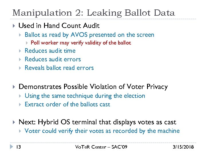 Manipulation 2: Leaking Ballot Data Used in Hand Count Audit Ballot as read by