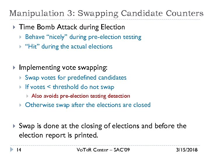 Manipulation 3: Swapping Candidate Counters Time Bomb Attack during Election Behave “nicely” during pre-election