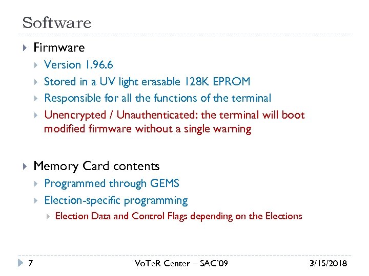 Software Firmware Version 1. 96. 6 Stored in a UV light erasable 128 K