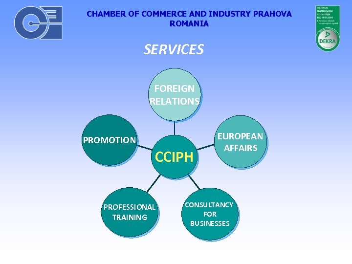 CHAMBER OF COMMERCE AND INDUSTRY PRAHOVA ROMANIA SERVICES FOREIGN RELATIONS PROMOTION CCIPH PROFESSIONAL TRAINING