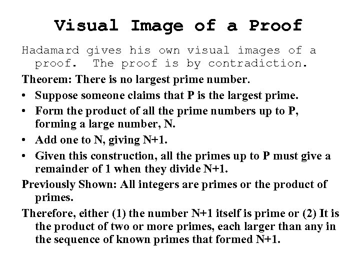 Visual Image of a Proof Hadamard gives his own visual images of a proof.