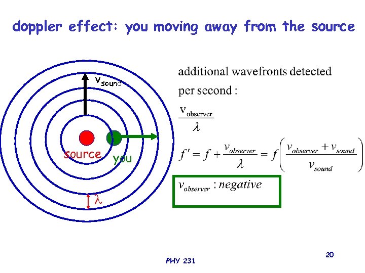 doppler effect: you moving away from the source vsound source you PHY 231 20