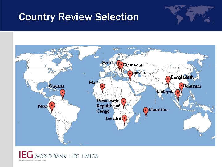 Country Review Selection Serbia Romania Jordan Guyana Bangladesh Mali Vietnam Malaysia Peru Democratic Republic