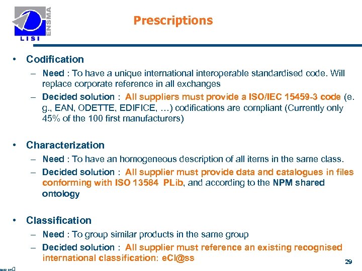 Prescriptions • Codification – Need : To have a unique international interoperable standardised code.