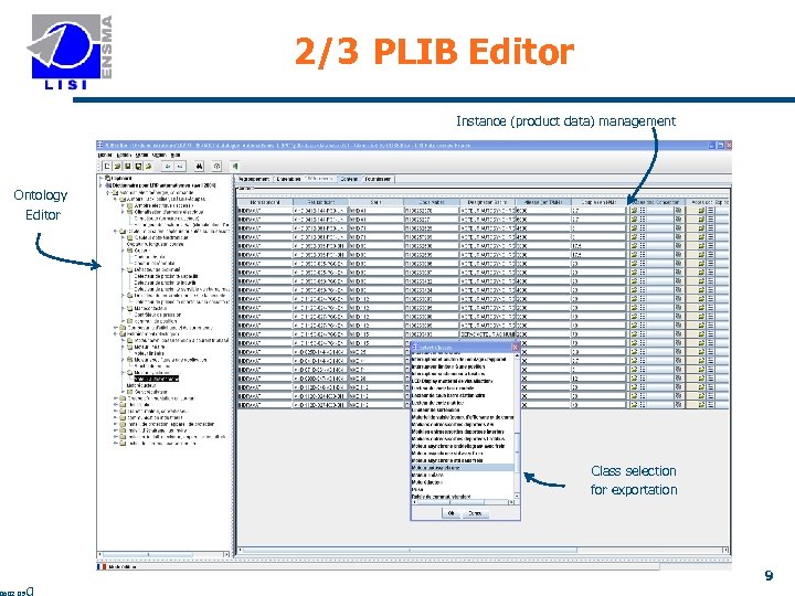 2/3 PLIB Editor Instance (product data) management Ontology Editor Class selection for exportation 9
