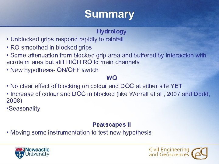 Summary Hydrology • Unblocked grips respond rapidly to rainfall • RO smoothed in blocked
