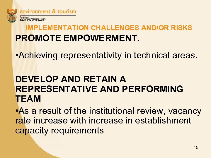 IMPLEMENTATION CHALLENGES AND/OR RISKS PROMOTE EMPOWERMENT. • Achieving representativity in technical areas. DEVELOP AND
