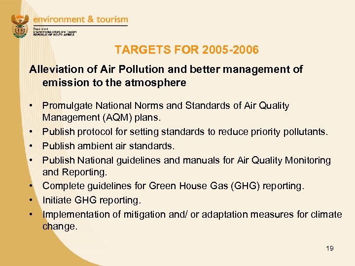 TARGETS FOR 2005 -2006 Alleviation of Air Pollution and better management of emission to