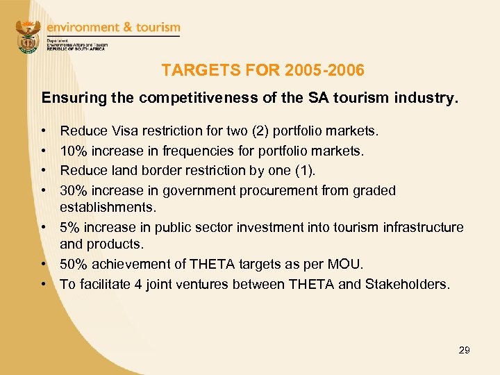 TARGETS FOR 2005 -2006 Ensuring the competitiveness of the SA tourism industry. • •