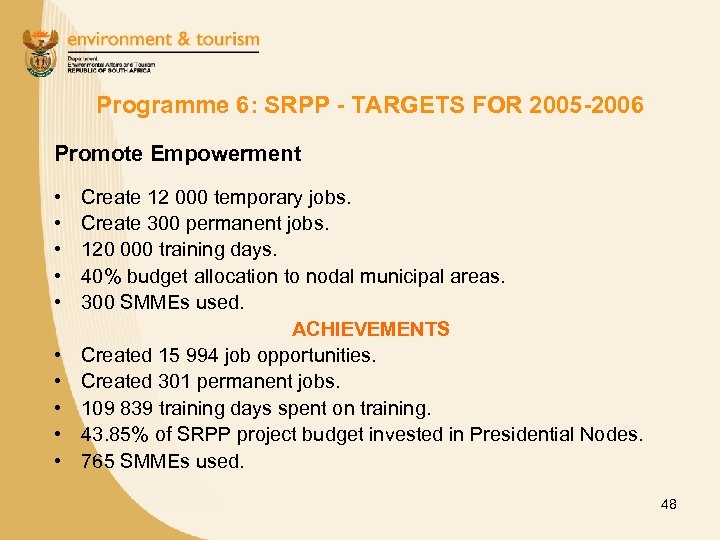 Programme 6: SRPP - TARGETS FOR 2005 -2006 Promote Empowerment • • • Create