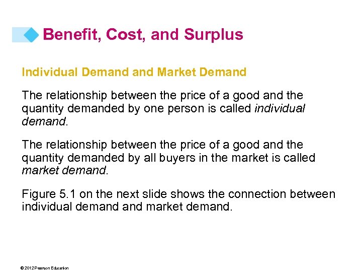 Benefit, Cost, and Surplus Individual Demand Market Demand The relationship between the price of