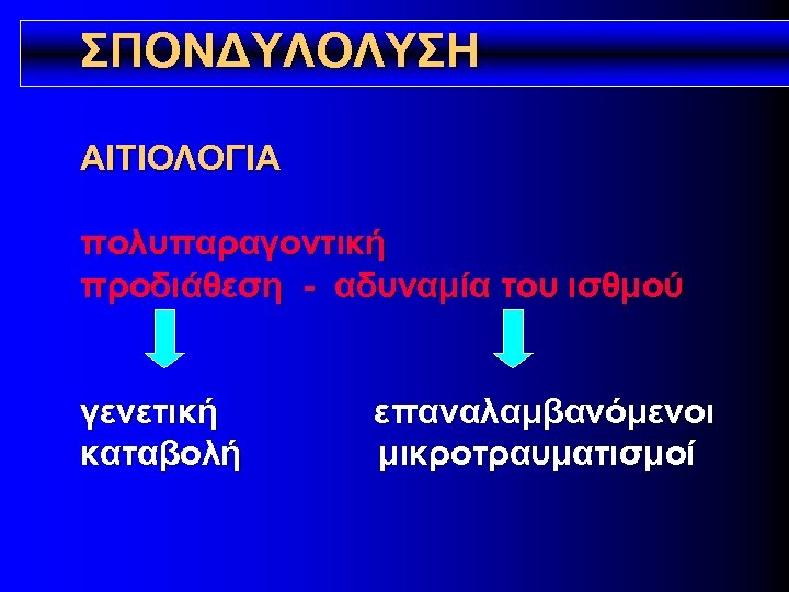 ΣΠΟΝΔΥΛΟΛΥΣΗ ΑΙΤΙΟΛΟΓΙΑ πολυπαραγοντική προδιάθεση - αδυναμία του ισθμού γενετική καταβολή επαναλαμβανόμενοι μικροτραυματισμοί 