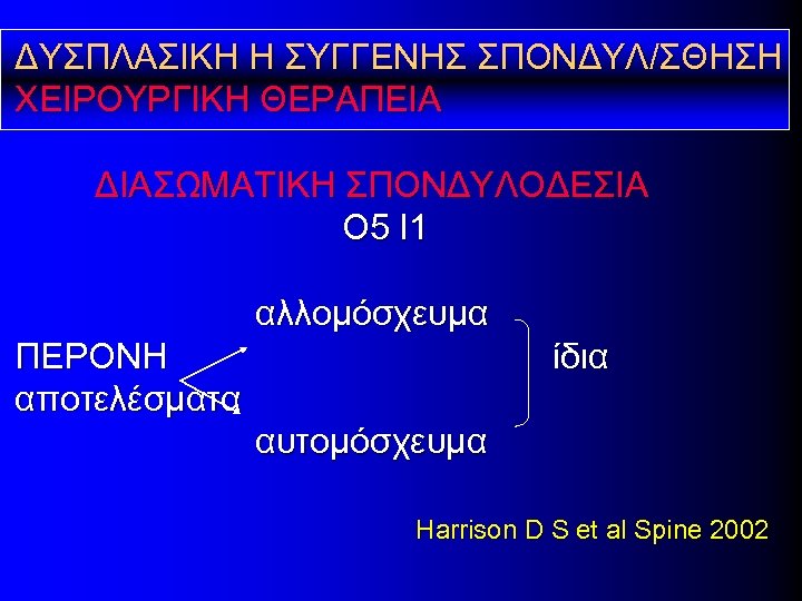 ΔΥΣΠΛΑΣΙΚΗ Η ΣΥΓΓΕΝΗΣ ΣΠΟΝΔΥΛ/ΣΘΗΣΗ ΧΕΙΡΟΥΡΓΙΚΗ ΘΕΡΑΠΕΙΑ ΔΙΑΣΩΜΑΤΙΚΗ ΣΠΟΝΔΥΛΟΔΕΣΙΑ Ο 5 Ι 1 αλλομόσχευμα ΠΕΡΟΝΗ