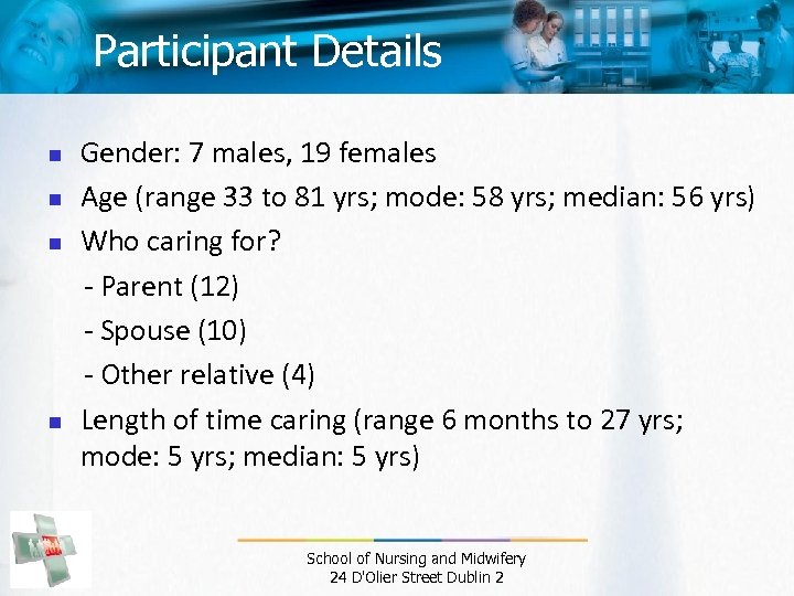 Participant Details n n Gender: 7 males, 19 females Age (range 33 to 81