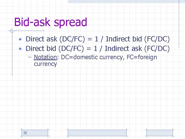 Bid-ask spread • Direct ask (DC/FC) = 1 / Indirect bid (FC/DC) • Direct