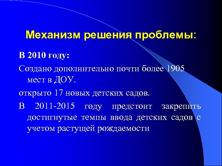 Механизм решения проблемы: проблемы В 2010 году: Создано дополнительно почти более 1905 мест в