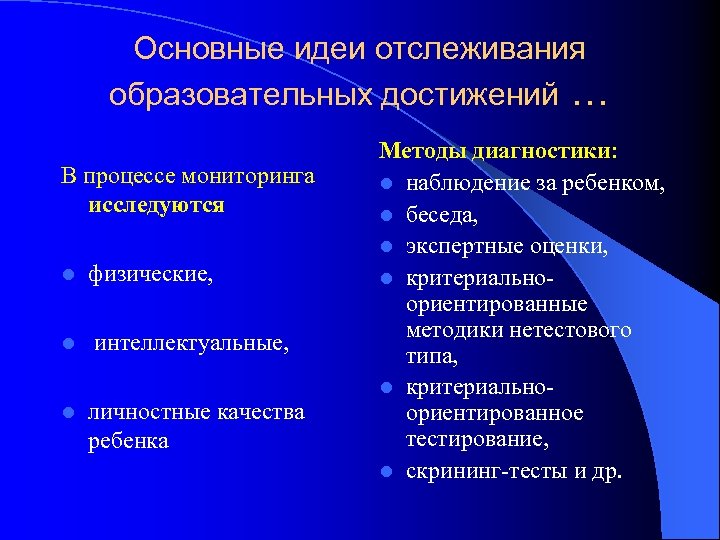 Основные идеи отслеживания образовательных достижений … В процессе мониторинга исследуются l физические, l интеллектуальные,