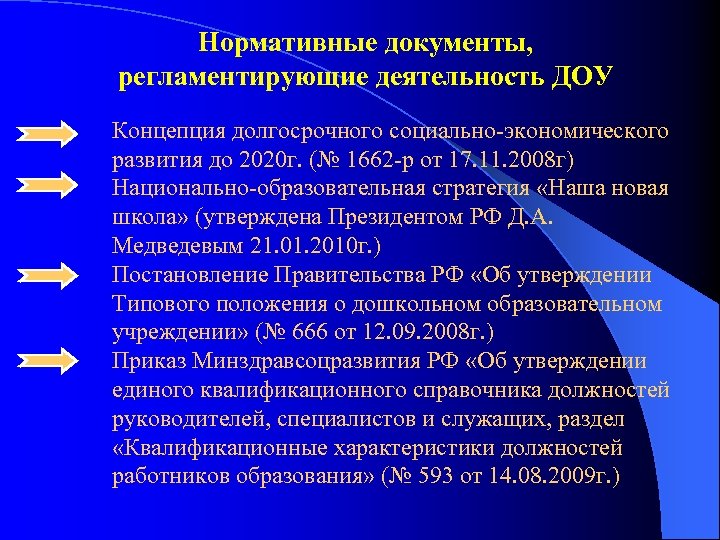 Нормативные документы, регламентирующие деятельность ДОУ Концепция долгосрочного социально-экономического развития до 2020 г. (№ 1662