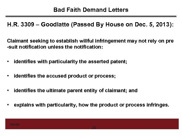 Bad Faith Demand Letters H. R. 3309 – Goodlatte (Passed By House on Dec.