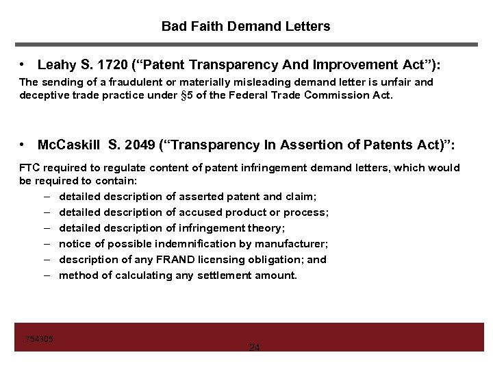 Bad Faith Demand Letters • Leahy S. 1720 (“Patent Transparency And Improvement Act”): The