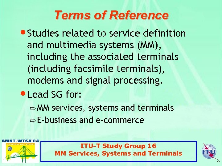 Terms of Reference • Studies related to service definition and multimedia systems (MM), including
