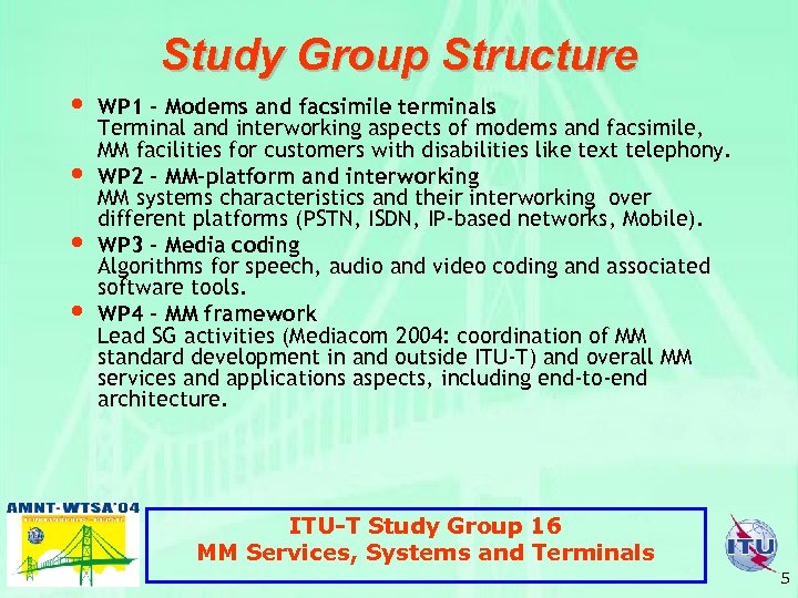  • • Study Group Structure WP 1 - Modems and facsimile terminals Terminal